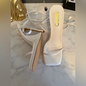 EGO White Lace-Up Square Toe Block Heels